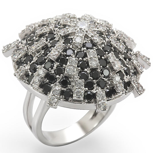 1W029 - Rhodium Brass Ring with AAA Grade CZ in Black Diamond-0