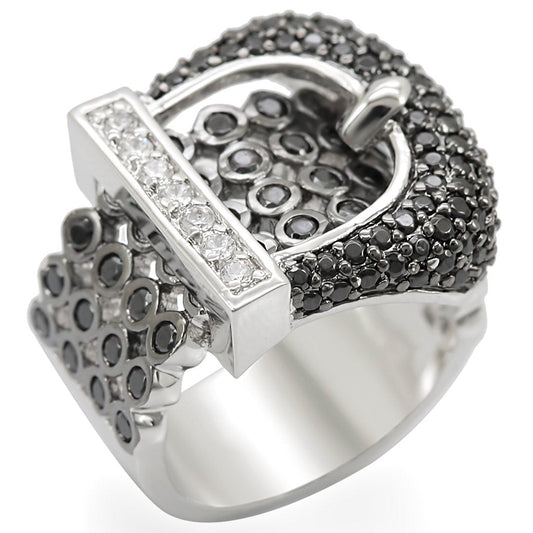 1W048 - Rhodium + Ruthenium Brass Ring with AAA Grade CZ in Black Diamond-0