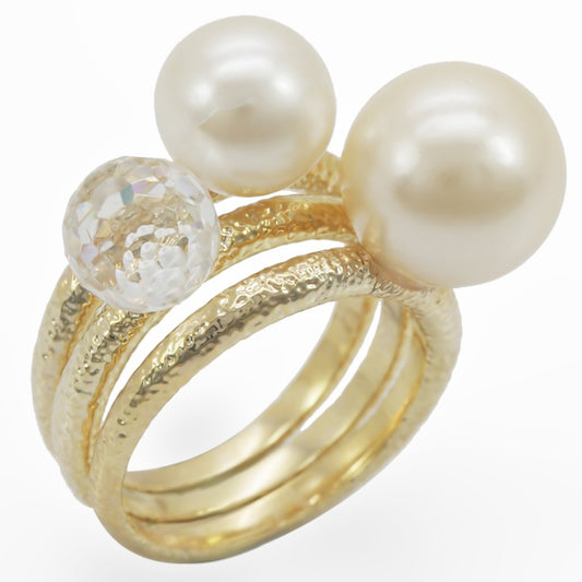 1W054 - Gold Brass Ring with Synthetic Pearl in Citrine Yellow-0