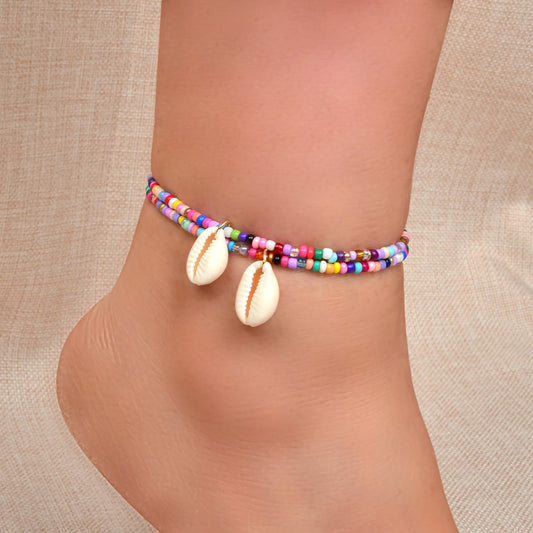 2 pcs Handmade Boho Colourful Beads Shell Charm Ankle Bracelets Foot Anklet Set-0