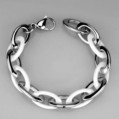 3W1008 - High polished (no plating) Stainless Steel Bracelet with Ceramic in White-2