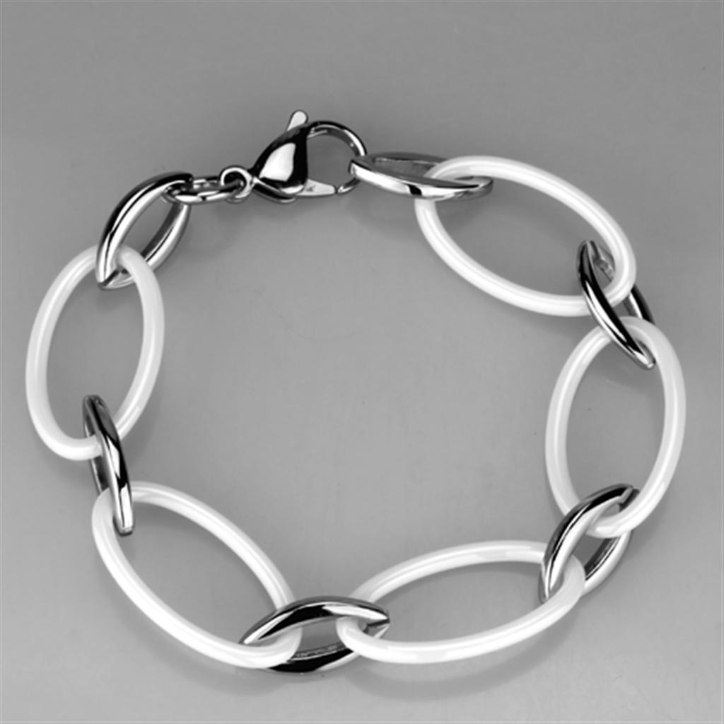3W1014 - High polished (no plating) Stainless Steel Bracelet with Ceramic in White-2