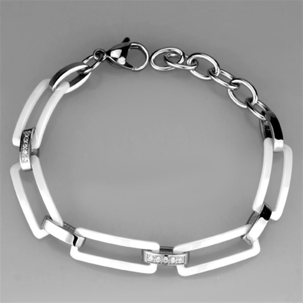 3W1016 - High polished (no plating) Stainless Steel Bracelet with Ceramic in White-2
