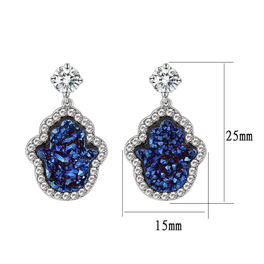 3W1723E - Imitation Rhodium+E-coating Brass Earring with Druzy in Capri Blue-1