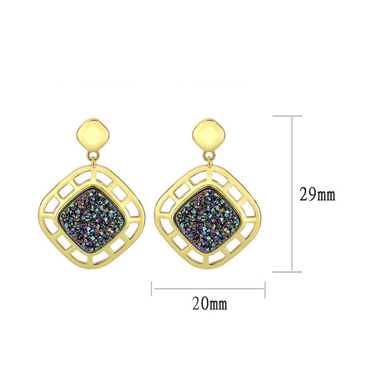 3W1724E - Flash Gold+E-coating Brass Earring with Druzy in Purple Series-1