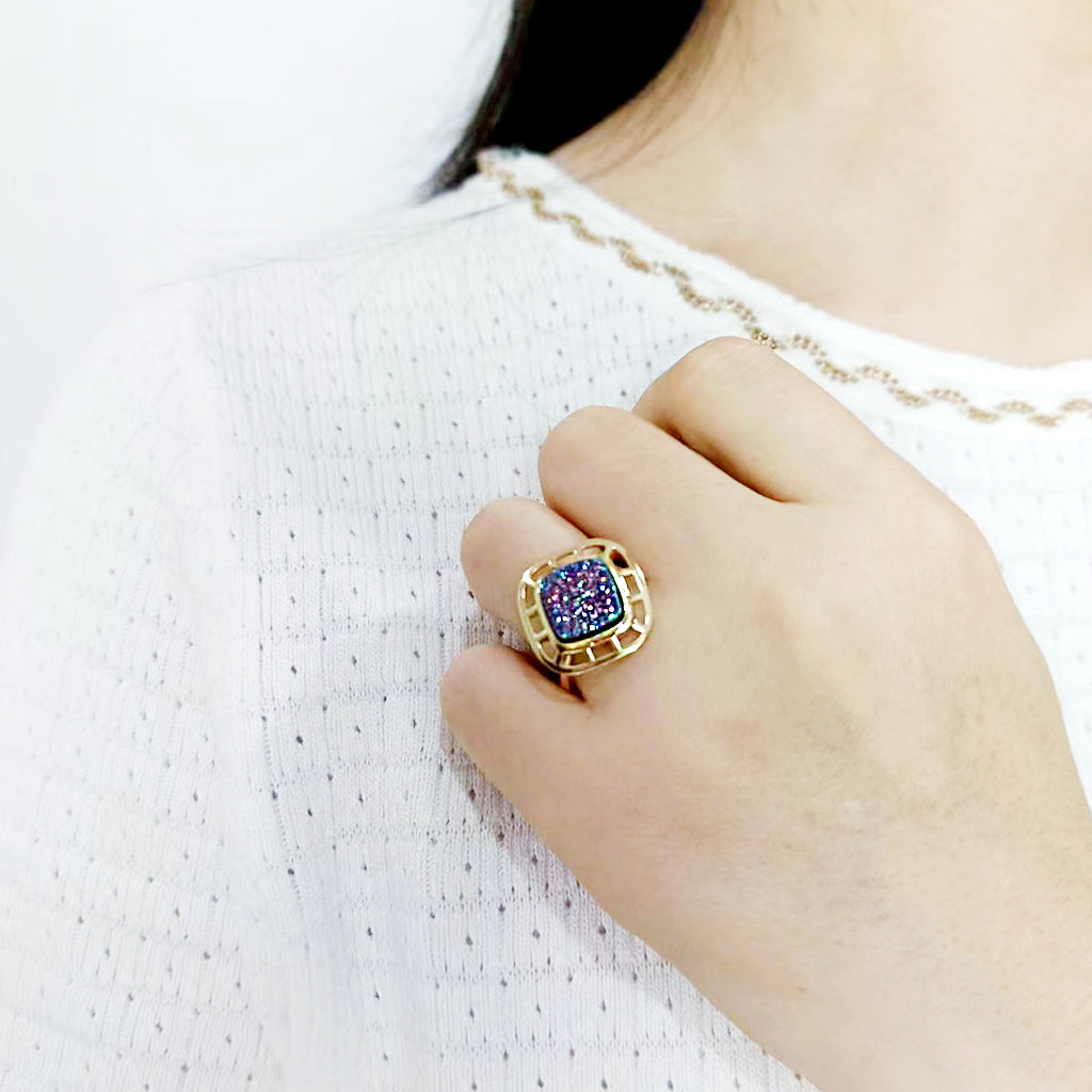 3W1724 - Flash Gold+E-coating Brass Ring with Druzy in Purple Series-4