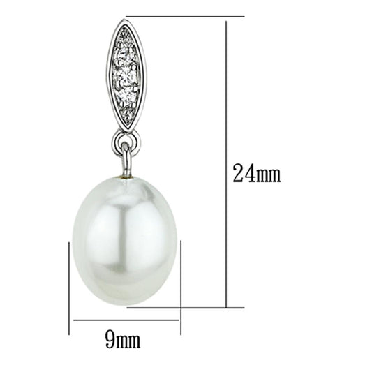 3W378 - Rhodium Brass Earrings with Synthetic Pearl in White-1