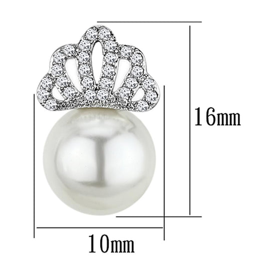 3W383 - Rhodium Brass Earrings with Synthetic Pearl in White-1