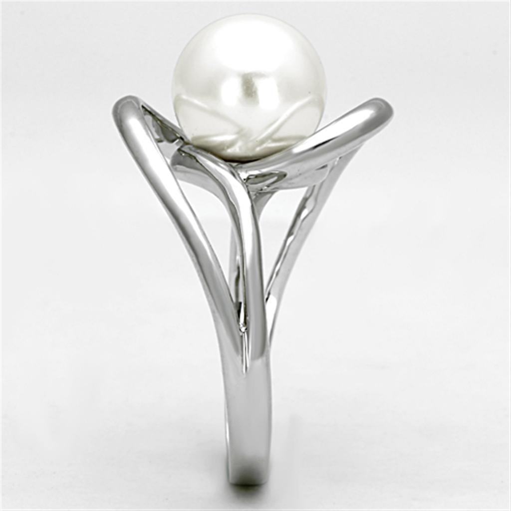 3W512 - Rhodium Brass Ring with Synthetic Pearl in White-3
