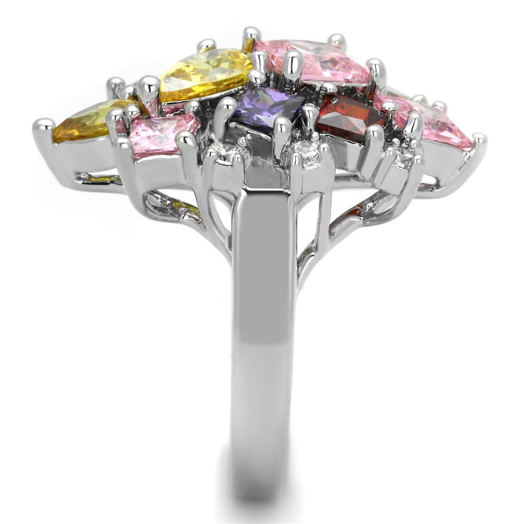 Ela Cocktail Ring - Rhodium Brass, AAA CZ , Multi Color - 3W599-3
