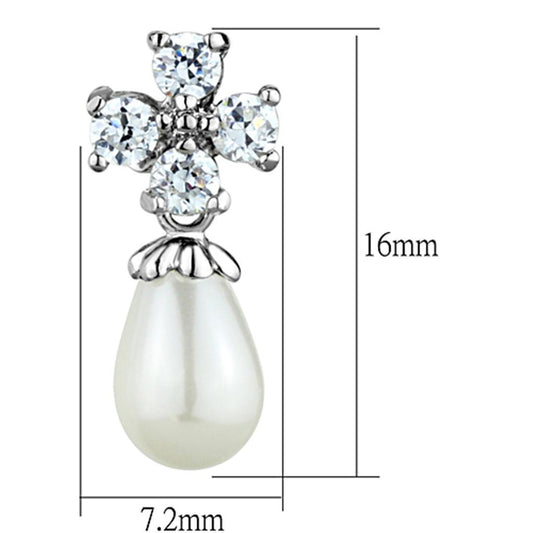 3W672 - Rhodium Brass Earrings with Synthetic Pearl in White-1
