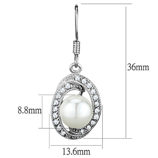 3W673 - Rhodium Brass Earrings with Synthetic Pearl in White-1