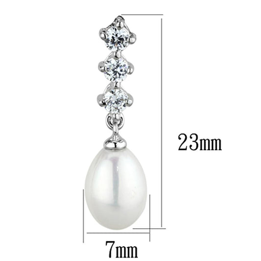 3W679 - Rhodium Brass Earrings with Semi-Precious Pearl in White-1