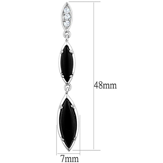 3W702 - Rhodium Brass Earrings with Synthetic Onyx in Jet-1