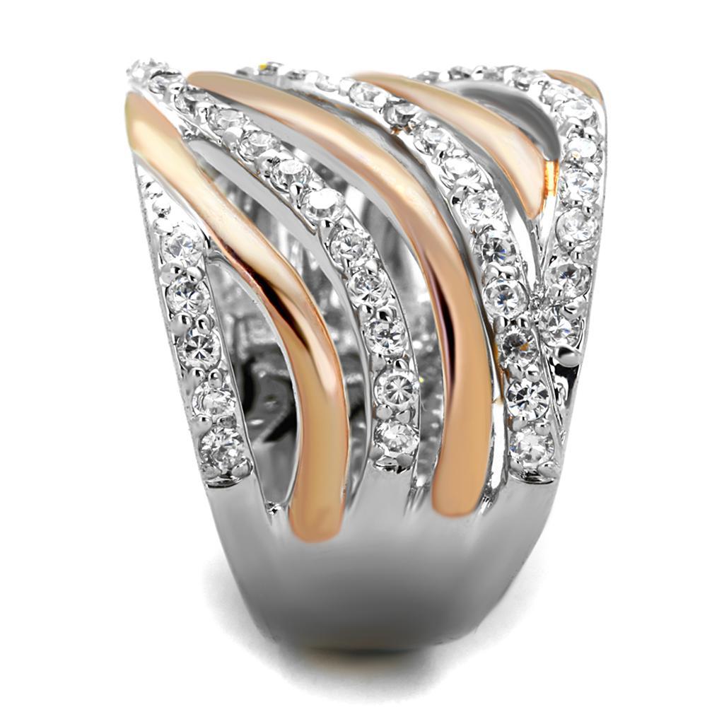 3W857 - Rose Gold + Rhodium Brass Ring with AAA Grade CZ in Clear-3