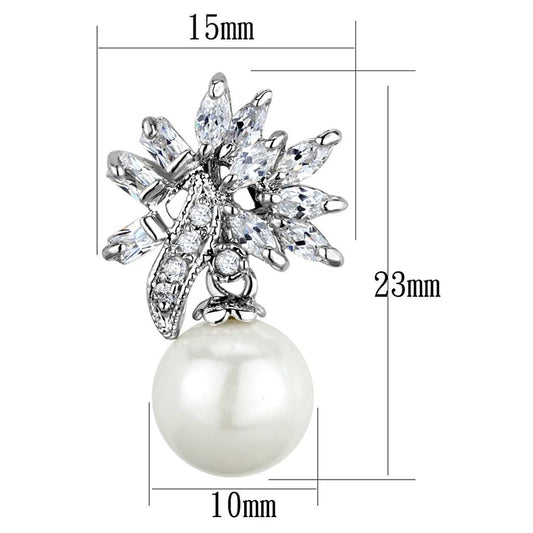 3W888 - Rhodium Brass Earrings with Synthetic Pearl in White-1
