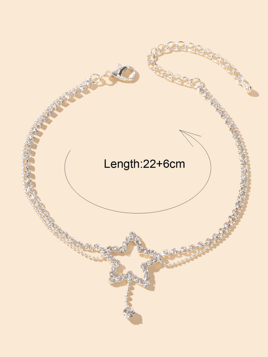 Rhinestone Silver Chain Star Charm Anklet Layered Boho Beach Ankle Bracelet Gift-1