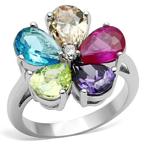 Jessyca Cocktail Ring - Rhodium Brass, AAA CZ , Multi Color - 3W045-0
