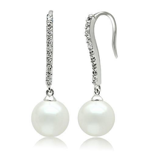 3W086 - Rhodium Brass Earrings with Synthetic Pearl in White-0