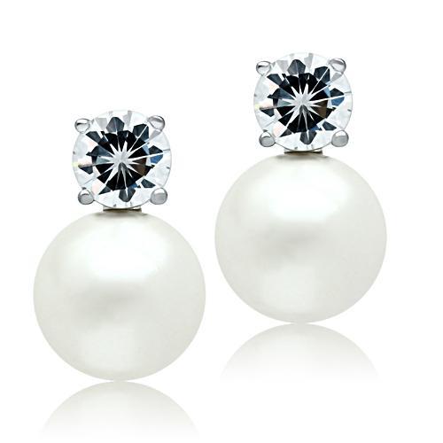 3W088 - Rhodium Brass Earrings with Synthetic Pearl in White-0