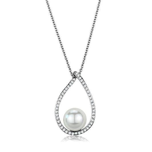 3W1036 - Rhodium Brass Chain Pendant with Synthetic Pearl in White-0