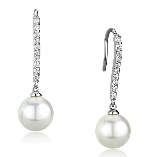 3W1059 - Rhodium Brass Earrings with Synthetic Pearl in White-0