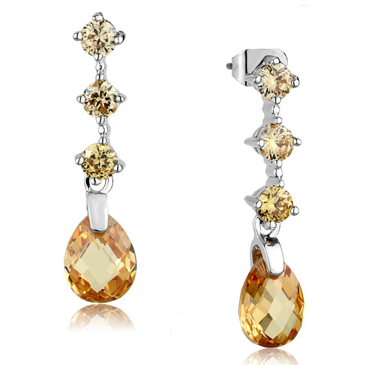 3W1063 - Rhodium Brass Earrings with AAA Grade CZ in Champagne-0
