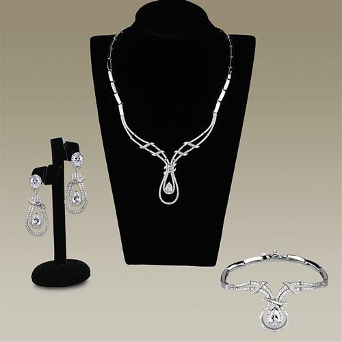 3W1095 - Rhodium Brass Jewelry Sets with AAA Grade CZ in Clear-0