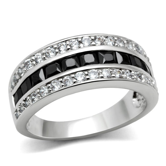 3W117 - Rhodium Brass Ring with AAA Grade CZ in Jet-0