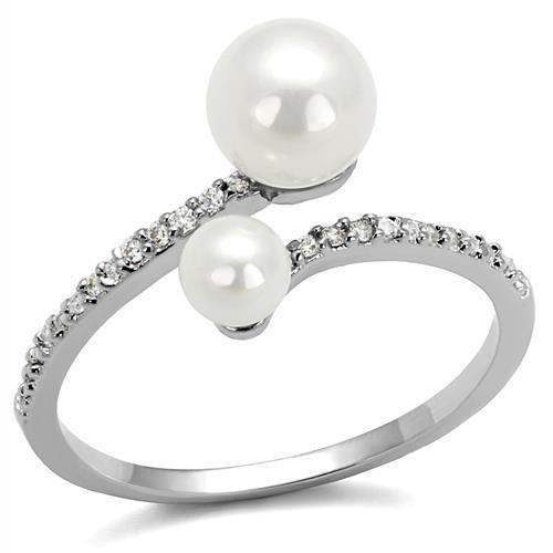 3W1236 - Rhodium Brass Ring with Synthetic Pearl in White-0