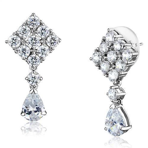 3W1288 - Rhodium Brass Earrings with AAA Grade CZ in Clear-0