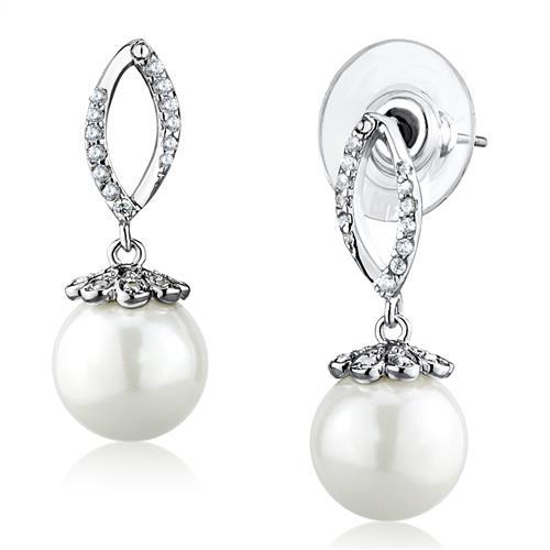3W1301 - Rhodium Brass Earrings with Synthetic Pearl in White-0