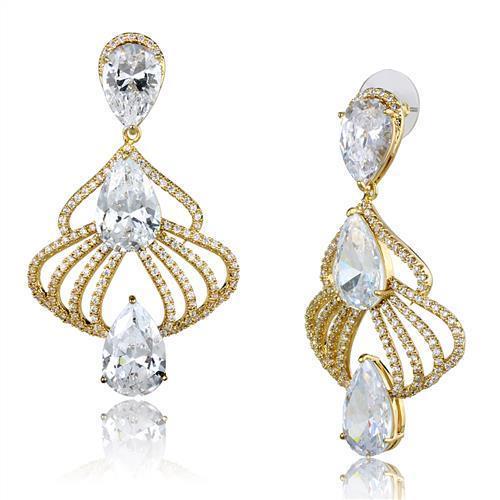 3W1325 - Gold Brass Earrings with AAA Grade CZ in Clear-0