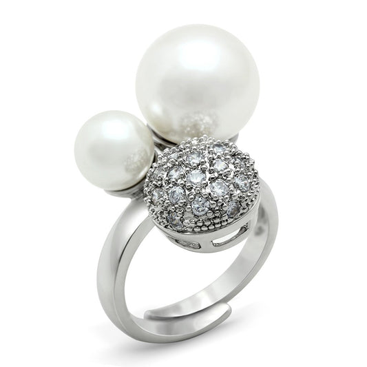 3W137 - Rhodium Brass Ring with Synthetic Pearl in White-0