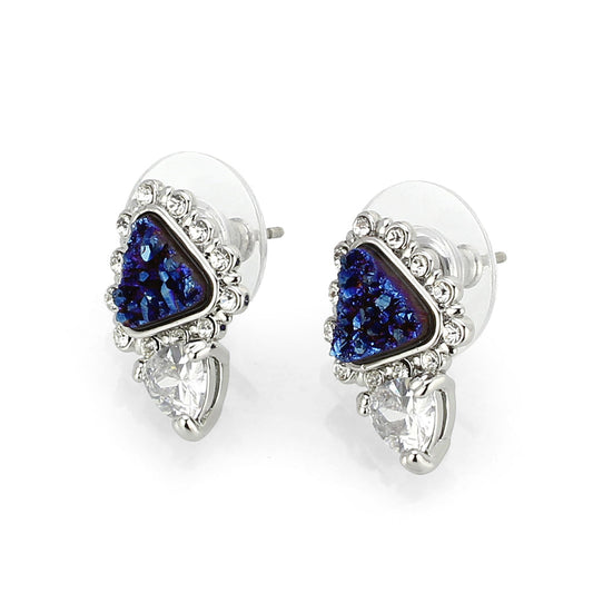 3W1730E - Imitation Rhodium+E-coating Brass Earring with Druzy in Capri Blue-0