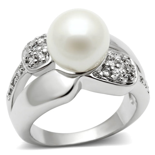 3W182 - Rhodium Brass Ring with Synthetic Pearl in White-0