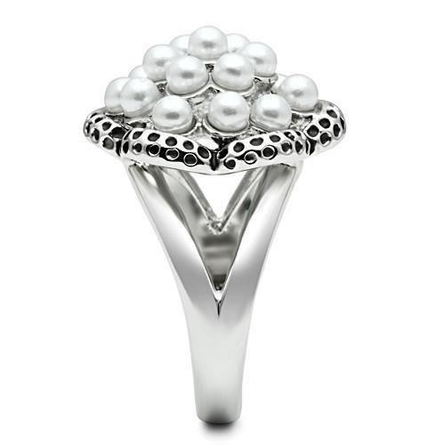 3W232 - Rhodium Brass Ring with Synthetic Pearl in White-3
