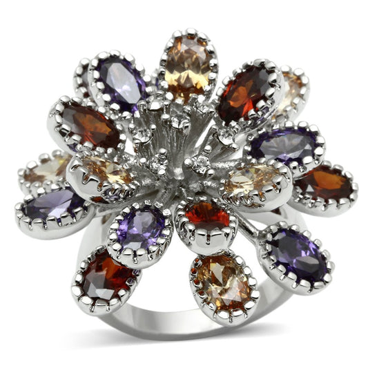 3W251 - Rhodium Brass Ring with AAA Grade CZ in Multi Color-0