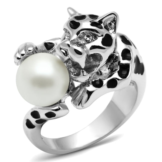 3W297 - Rhodium Brass Ring with Synthetic Pearl in White-0