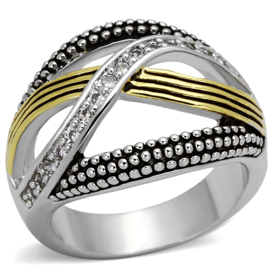 3W305 - Reverse Two-Tone Brass Ring with AAA Grade CZ in Clear-0