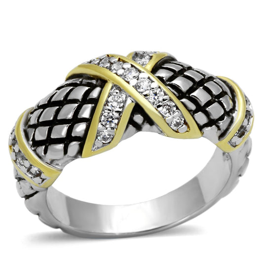 3W314 - Reverse Two-Tone Brass Ring with AAA Grade CZ in Clear-0