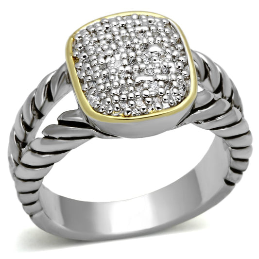 3W322 - Reverse Two-Tone Brass Ring with AAA Grade CZ in Clear-0