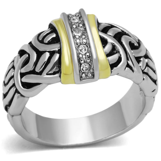 3W327 - Reverse Two-Tone Brass Ring with Top Grade Crystal in Clear-0