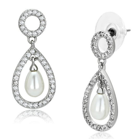 3W341 - Rhodium Brass Earrings with Synthetic Pearl in White-0