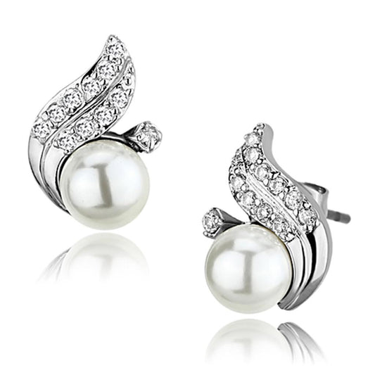 3W365 - Rhodium Brass Earrings with Synthetic Pearl in White-0