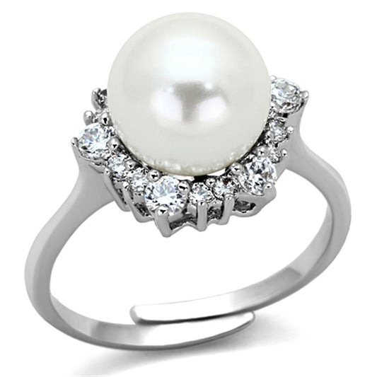 3W477 - Rhodium Brass Ring with Synthetic Pearl in White-0