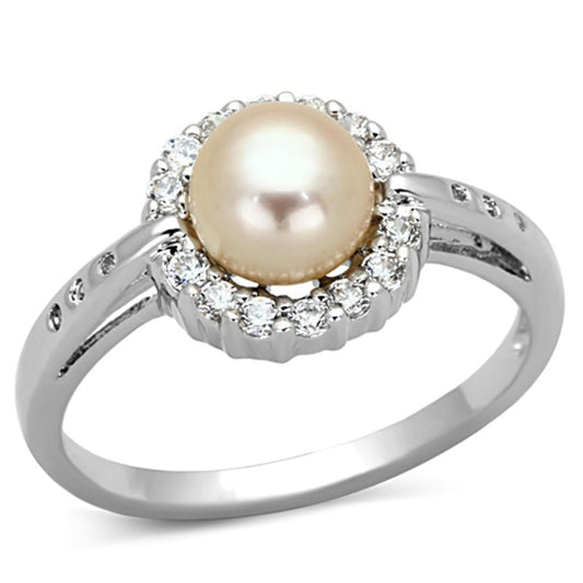 3W487 - Rhodium Brass Ring with Synthetic Pearl in White-0
