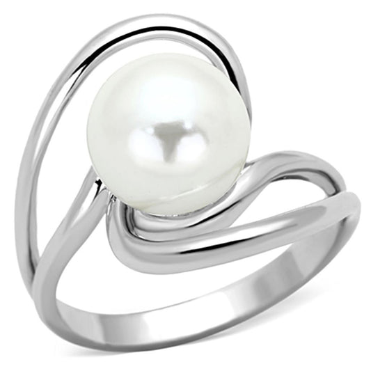 3W512 - Rhodium Brass Ring with Synthetic Pearl in White-0