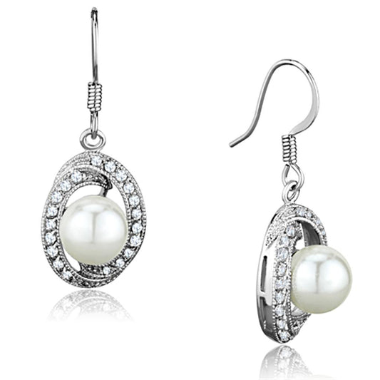 3W673 - Rhodium Brass Earrings with Synthetic Pearl in White-0