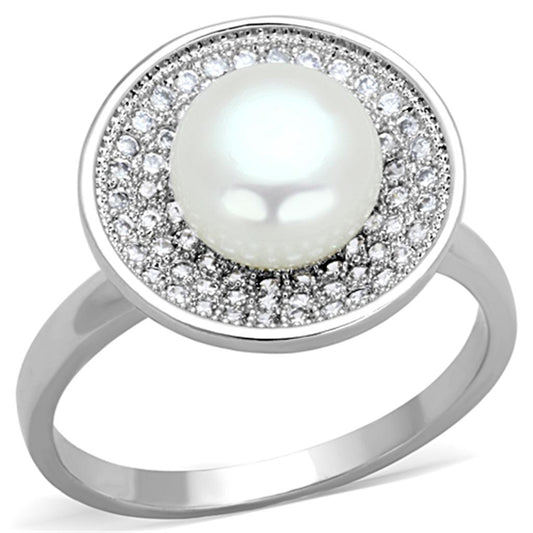 3W755 - Rhodium Brass Ring with Synthetic Pearl in White-0